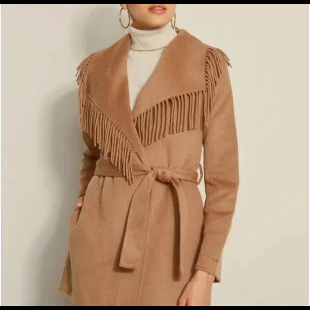 Tahari Tan Fringed Trench Coat